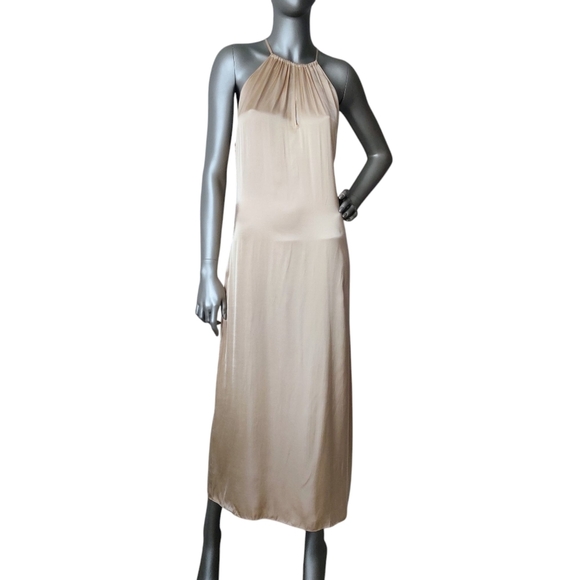 & OTHER STORIES Gathered Midi Slip Dress 8 Halter Satin Golden-Beige NWT - Picture 1 of 16